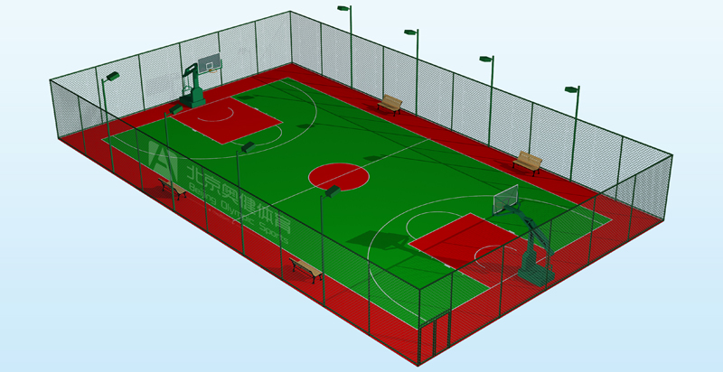 塑膠籃球場效果圖圖片，帶圍網(wǎng)燈光籃球架，